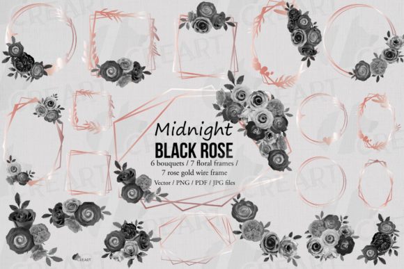 Black Rose Bouquets, Rose Gold Frames: Print Templates & Graphics