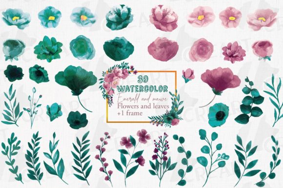 Emerald Mauve Pink Flowers & Leaves Graphics