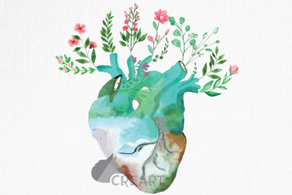 Floral Human Anatomical Heart Design Art: Graphics & Print Templates