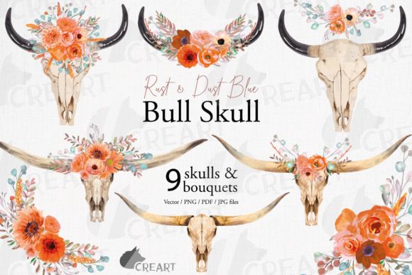 Orange Floral Bull Skull Printable Decor: Graphics & Print Templates