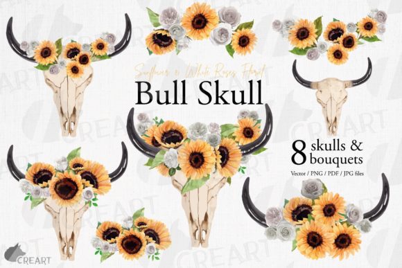 Sunflowers White Roses Bull Skull Art: Graphics & Print Templates